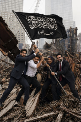 AI-generated image of people resembling Ilhan Omar and others planting a flag at a disaster site
