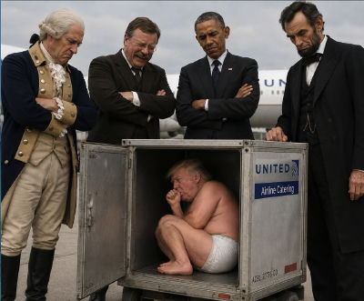 AI-generated image of Donald Trump crouched in a United Airlines catering cart surrounded by figures resembling George Washington, Theodore Roosevelt, Barack Obama, and Abraham Lincoln