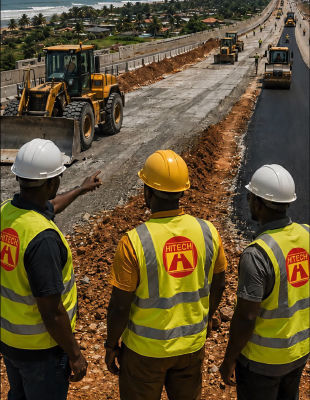 AI-generated image of HITECH construction workers at a coastal road project