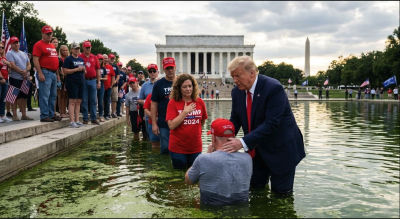 AI-generated image of Donald Trump standing in the Lincoln Memorial reflecting pool