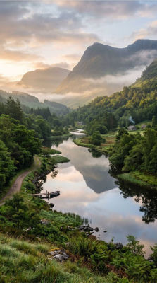 AI-generated misty mountain valley landscape at dawn with a lakeside boat