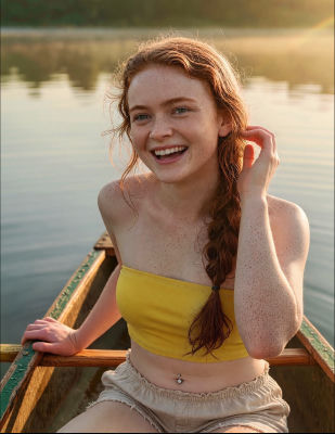 AI-generated image resembling Sadie Sink in a canoe