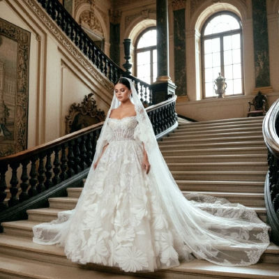 AI-generated image of Selena Gomez in a wedding dress on a grand staircase