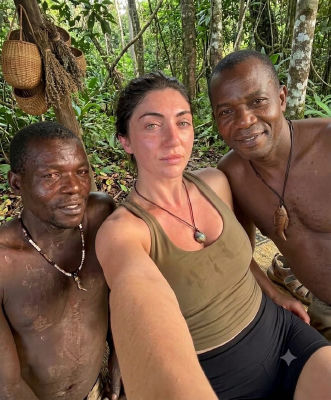 AI-generated jungle selfie of three people