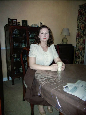 AI-generated image of a woman in vintage attire at a dining table