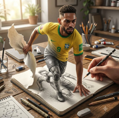 Deepfake of Matheus Cunha in Brazil #9 kit emerging from an artist's sketchpad