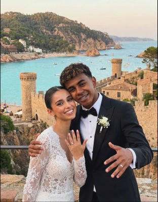 AI-generated wedding portrait of Lamine Yamal and a young woman at a Mediterranean coastal castle