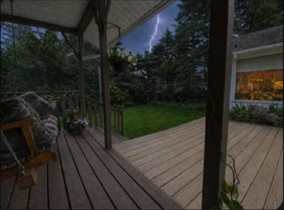 AI-generated image of a porch with a lightning strike at dusk