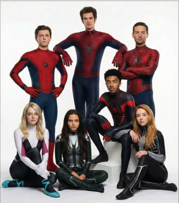 AI-generated image of Tobey Maguire, Tom Holland, Andrew Garfield, Sydney Sweeney, Emma Stone, and Isabela Moner in Spider-Man costumes