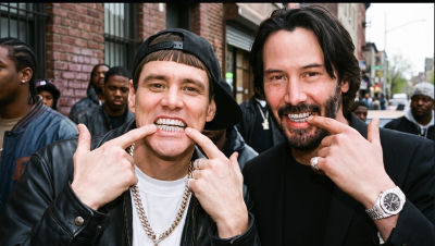 AI-generated image of Keanu Reeves and Jim Carrey flashing diamond grills on a city street