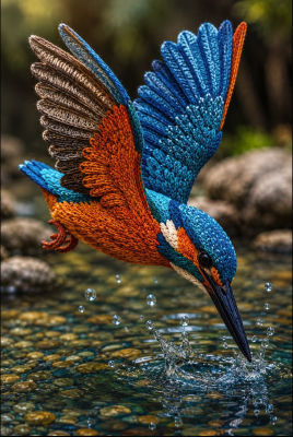 AI-generated image of a knitted-texture kingfisher diving into water