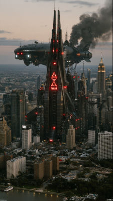 AI-generated sci-fi scene of a futuristic tower and spacecraft over New York City
