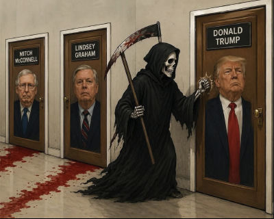 AI-generated cartoon of grim reaper at doors of Mitch McConnell, Lindsey Graham, and Donald Trump