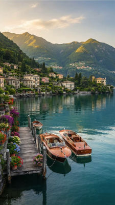AI-generated image of an Italian lake scene with wooden boats and a villa