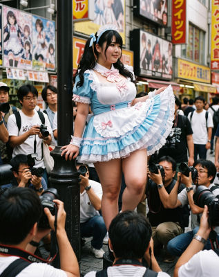 AI-generated image of a woman in maid cosplay surrounded by photographers in Akihabara