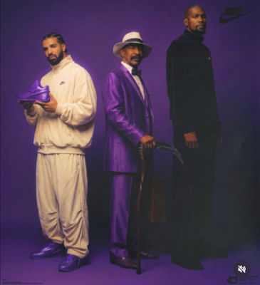 AI-generated Nike-style portrait of Drake and Kevin Durant with a man in a purple suit