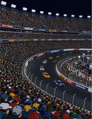 AI-generated NASCAR race scene depicting Andreas Hestler at a packed speedway