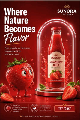 AI-generated SUNORA strawberry juice advertisement with cartoon mascot