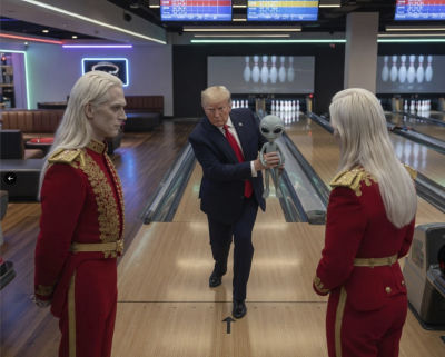 AI-generated image of Donald Trump holding an alien at a bowling alley with two uniformed figures