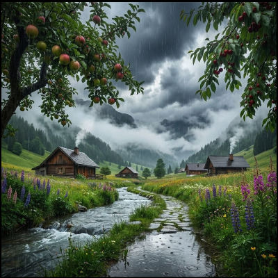 AI-generated mountain village landscape with stream and stormy sky