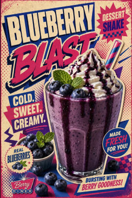 AI-generated 'Blueberry Blast' dessert shake advertisement poster