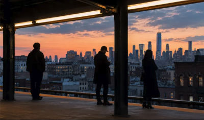 AI-generated image of three silhouetted figures on an elevated platform overlooking the Manhattan skyline at sunset