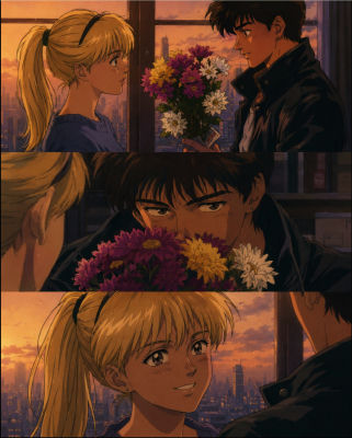 AI-generated anime-style image of Tsukasa Hōjō and Ayumi Fujimura with flowers against a sunset cityscape