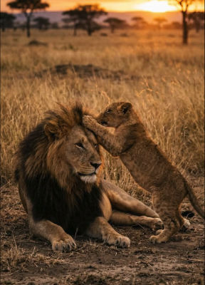 AI-generated image of two lions interacting on the savanna at sunset