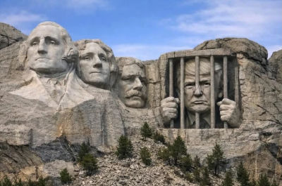 AI-generated image of Donald Trump added to Mount Rushmore behind bars