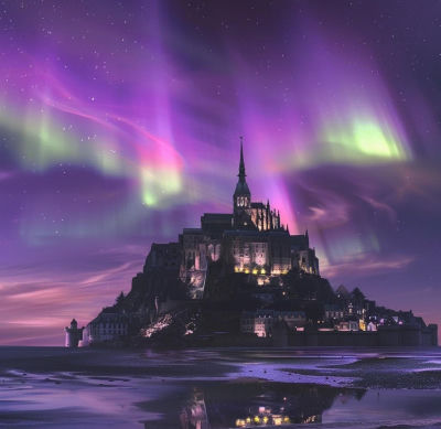 AI-generated image of Mont Saint-Michel under aurora borealis, attributed to Mathieu Rivrin