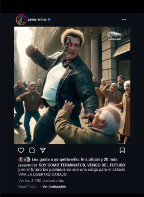 AI-generated image of Javier Milei styled as the Terminator in a city street scene