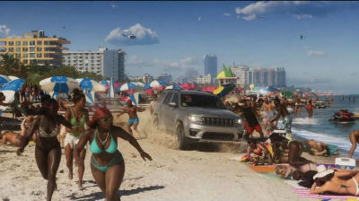 AI-generated crowded beach scene with SUV driving on sand