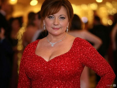 Deepfake image of Alena Schillerová in a red sequined gown at a gala event