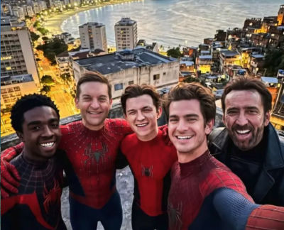AI-generated Spider-Man rooftop selfie featuring Nicolas Cage, Tom Holland, Andrew Garfield, Tobey Maguire, and Caleb McLaughlin