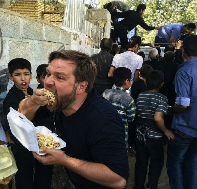 AI-generated image resembling JD Vance eating at a public gathering