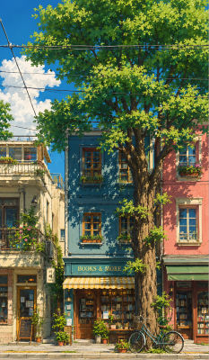 AI-generated anime-style illustration of a bookstore street scene