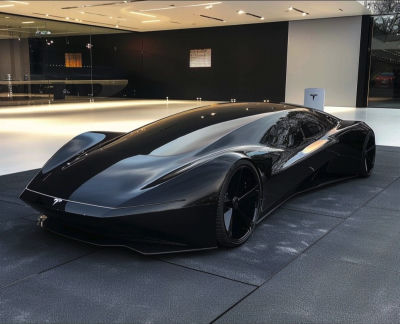 AI-generated Tesla concept car displayed in a showroom