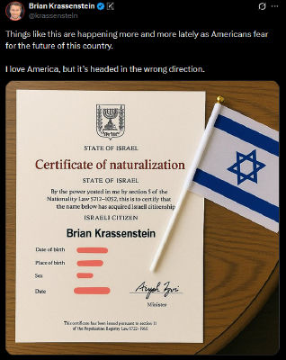 AI-generated image of Brian Krassenstein's Israeli citizenship certificate