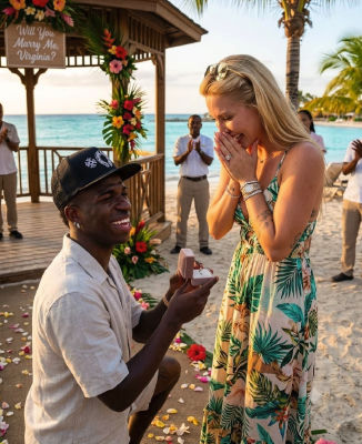 AI-generated image of Vini Jr. proposing to a woman on a tropical beach