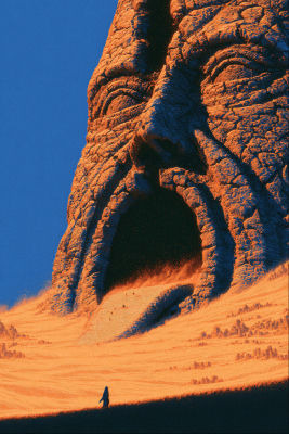AI-generated illustration of a colossal stone face monument with a lone figure below