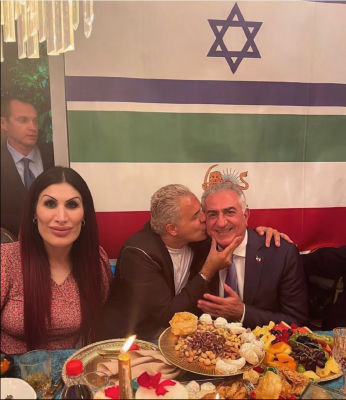 AI-generated image of Reza Pahlavi, Kobi Peretz, and Laura Loomer at a Nowruz dinner