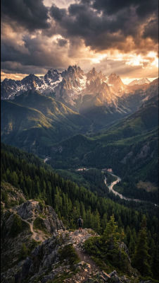 AI-generated mountain landscape with hiker overlooking forested valley
