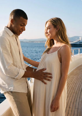 AI-generated image of Kylian Mbappé and Ester Expósito appearing pregnant on a yacht