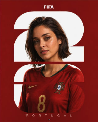 AI-generated FIFA-style poster featuring an unidentified woman in a Portugal jersey