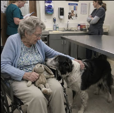 AI-generated image of older woman with a therapy dog in a hospital