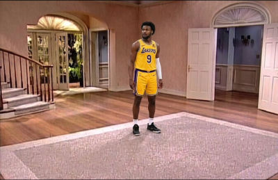 AI-generated image of Bronny James in Lakers #9 jersey in the Fresh Prince of Bel-Air mansion set