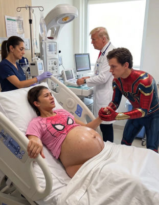 AI-generated image of Tom Holland, Zendaya, and Donald Trump in a hospital delivery scene