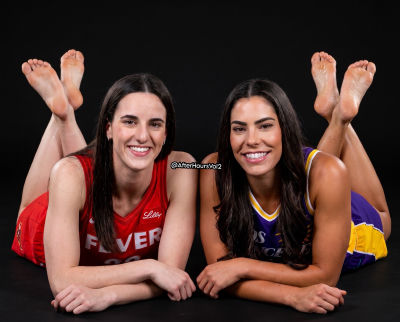 AI-generated image of Caitlin Clark and Kelsey Plum in a feet-focused pose