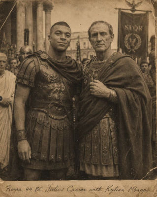 AI-generated image of Kylian Mbappé and Julius Caesar in ancient Rome
