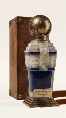 AI-generated 'FIFA World Cup 2026 Édition Limitée' trophy styled with ancient Mesopotamian motifs